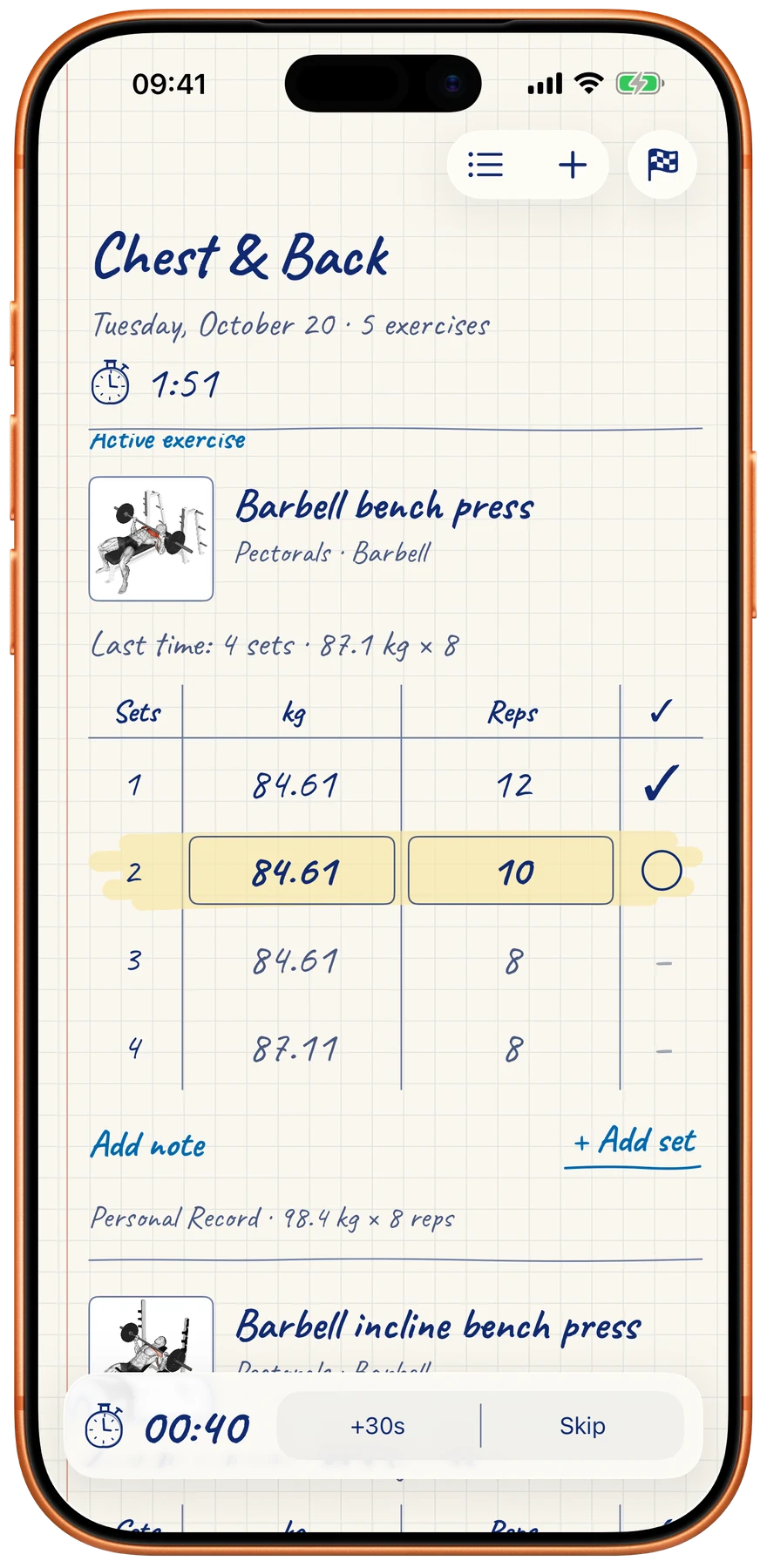 An Ironbor workout in progress, with each exercise and its remaining sets listed and the rest timer running in the corner