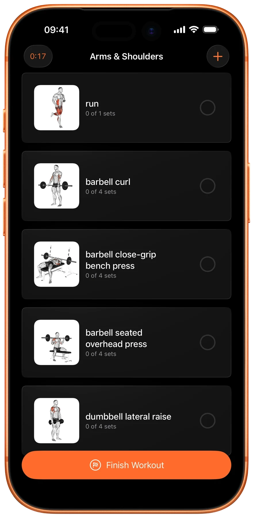 An Ironbor workout in progress, with each exercise and its remaining sets listed and the rest timer running in the corner