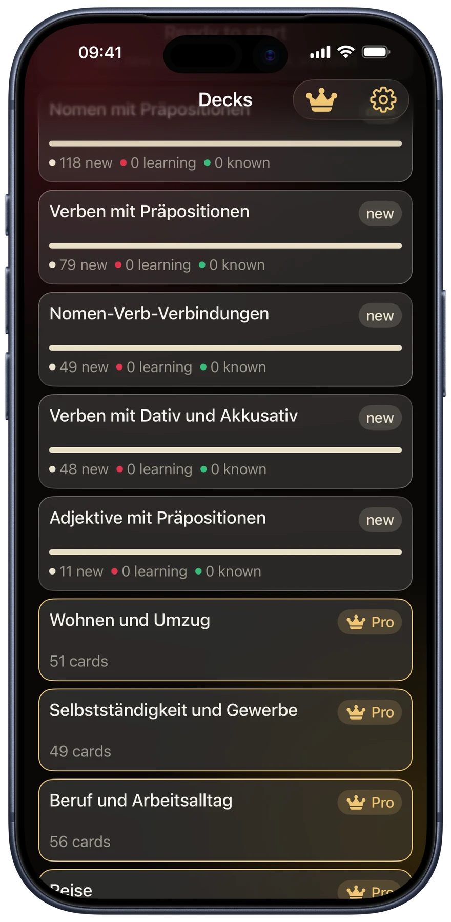 Wortschatzi's deck list, one row per topic from the course with the number of cards waiting for review
