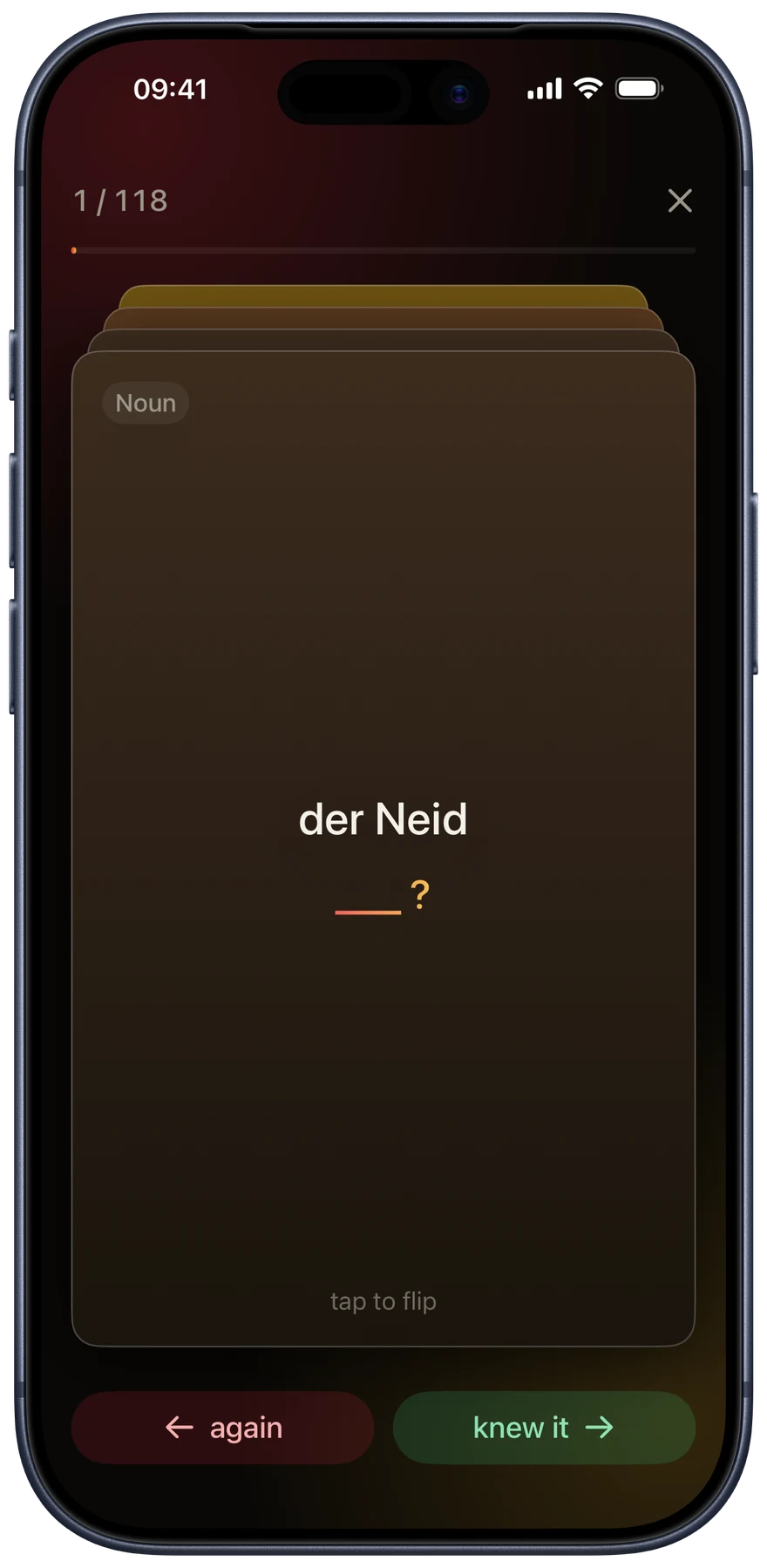 A Wortschatzi flash card mid-review